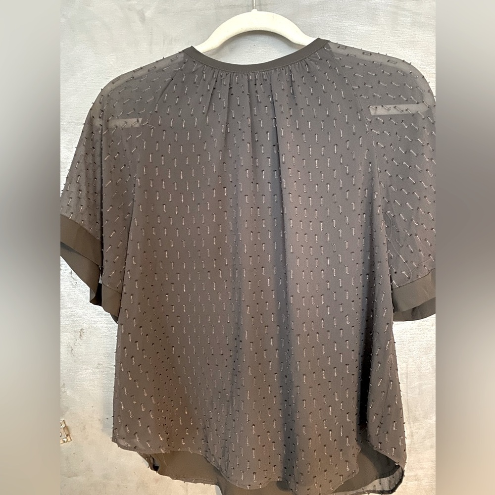 Ann Taylor sheer-sleeve grey crepe top, size Medium Petite